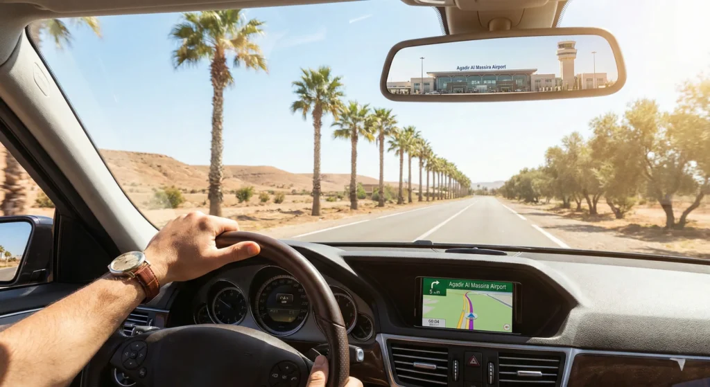 Driving away from Agadir airport in rental car after quick pickup process