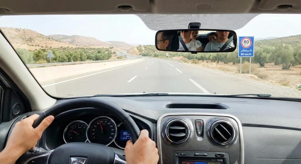 Proper seat belt usage and speed compliance in Morocco rental car from Agadir airport
