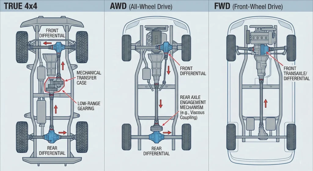Technical comparison of 4x4 vs AWD vs FWD drivetrain systems for Morocco car rental