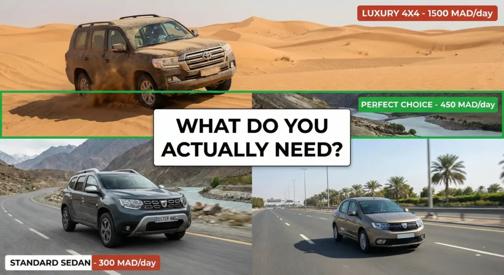 Vehicle type comparison guide for Agadir Morocco car rental showing 4x4 vs AWD vs standard sedan options