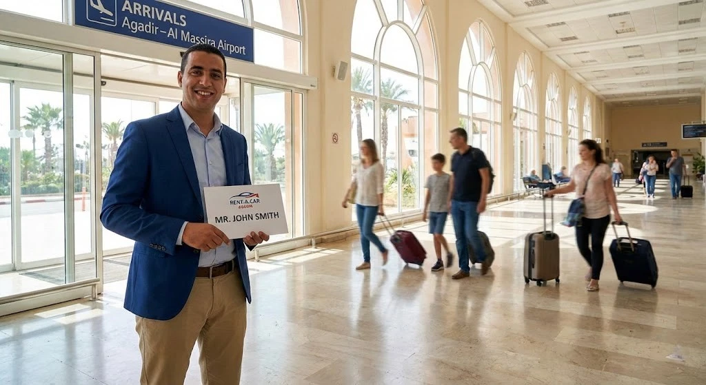 Car rental agent meeting customer at Agadir airport arrivals with name sign for seamless pickup