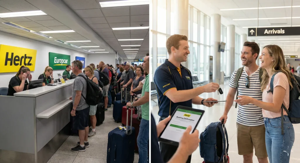 International brand rental desk queue versus local meet-and-greet car rental service at Agadir airport