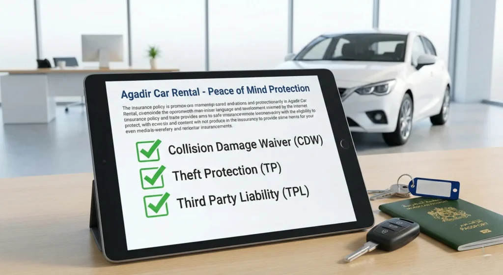 Clear car rental insurance coverage document at Agadir airport showing comprehensive protection included