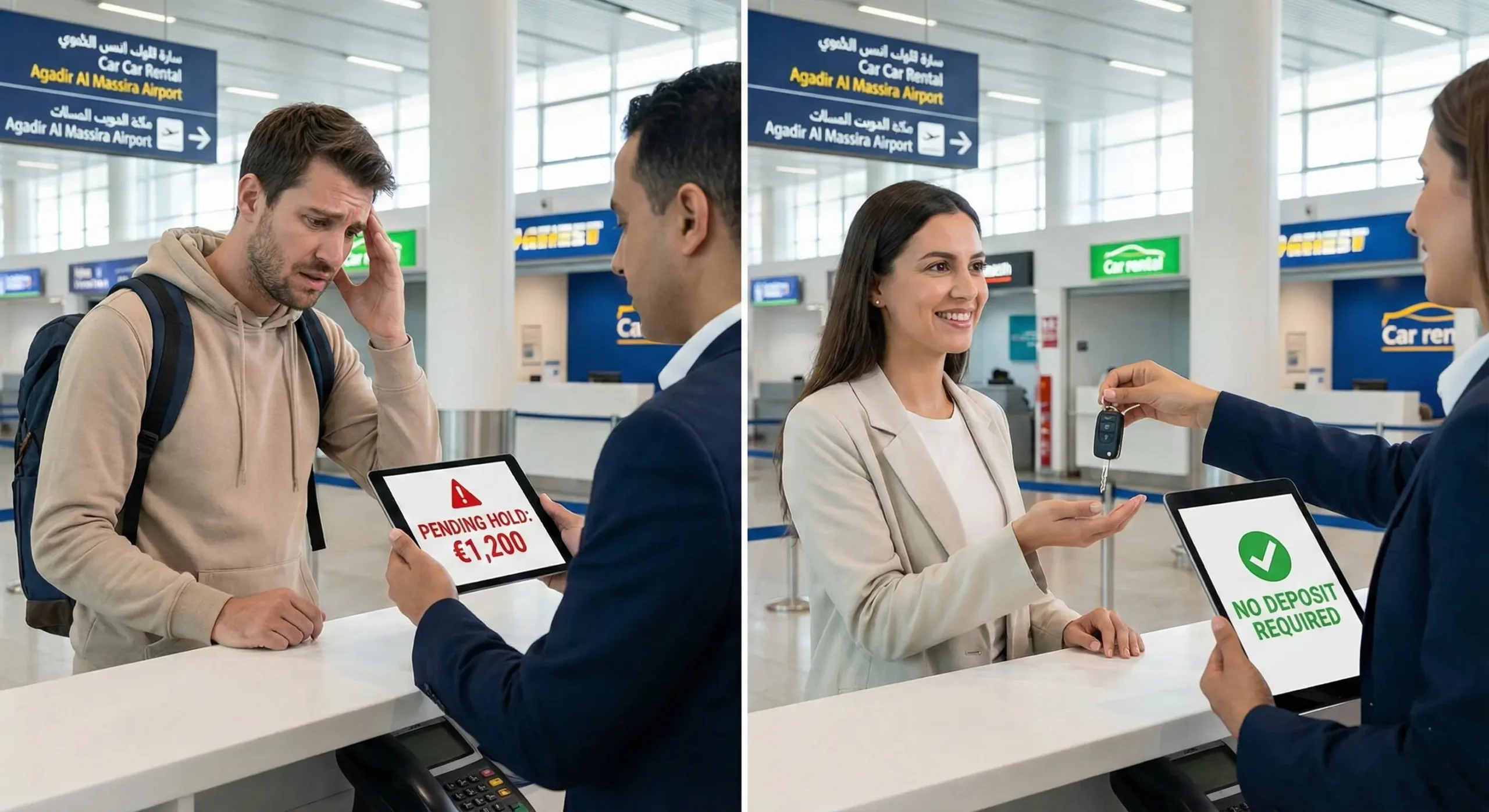 Comparison of traditional car rental deposit stress versus no-deposit car rental freedom at Agadir airport