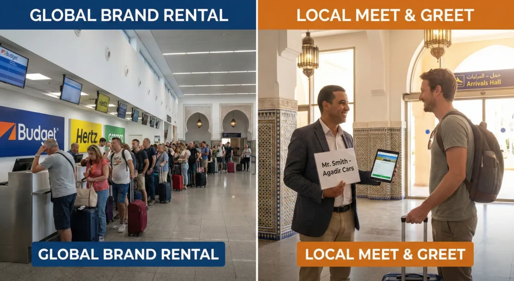 Comparison between international car rental desk queues and local personalized meet-and-greet service at Agadir airport