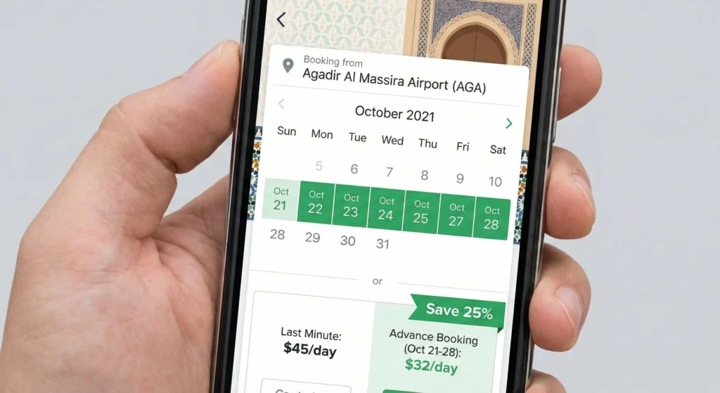Booking cheap Agadir airport car rental in advance on smartphone showing lower prices