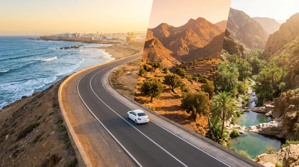 Best road trips from Agadir airport Morocco car rental showing coastal, mountain and oasis routes