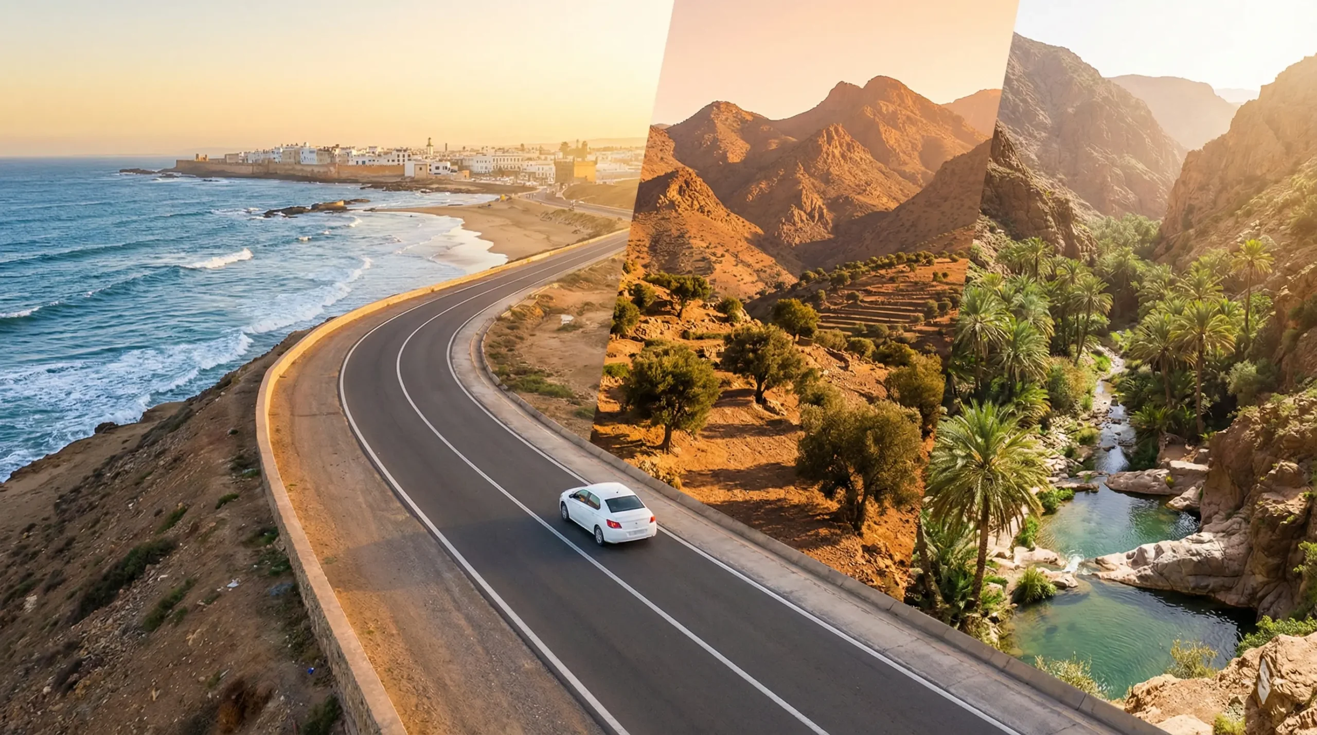 Best road trips from Agadir airport Morocco car rental showing coastal, mountain and oasis routes