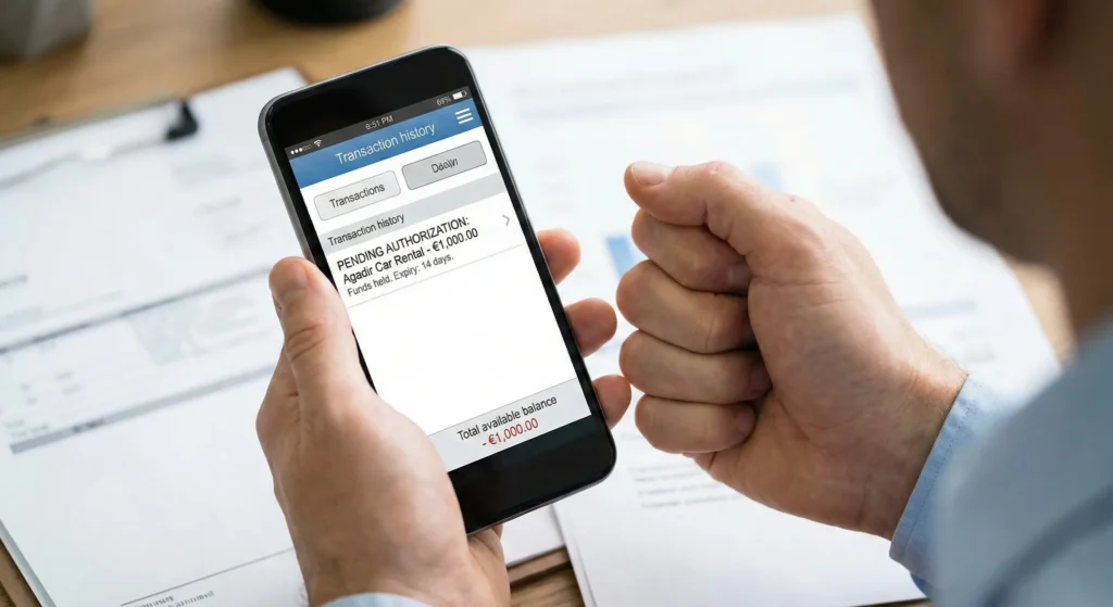 Mobile banking app showing car rental security deposit hold freezing customer funds for two weeks