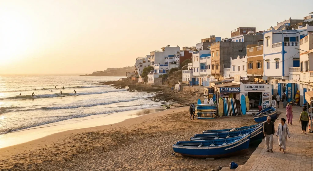 Taghazout surf village Morocco Atlantic coast accessible by car from Agadir airport