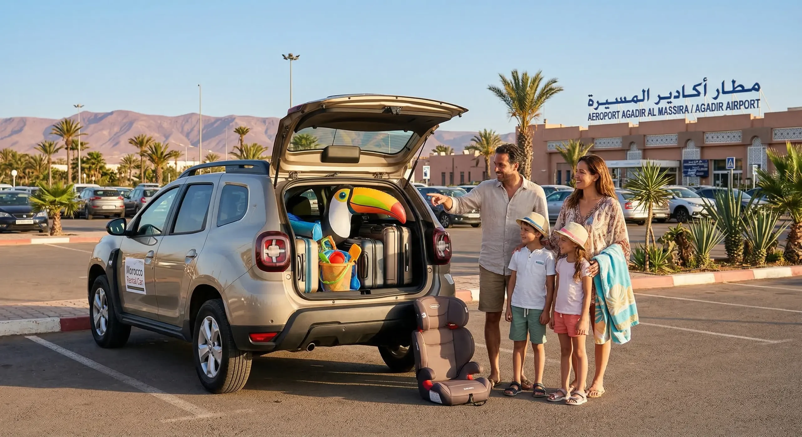Family car rental Agadir airport Dacia Duster spacious luggage trunk child seats