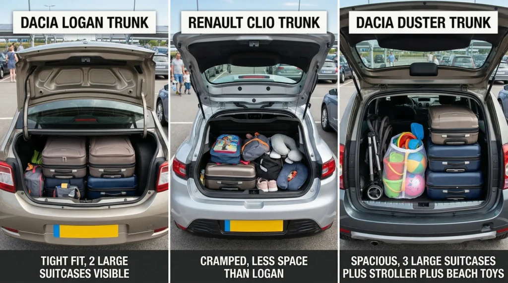 Family car trunk space comparison Agadir airport car rental luggage capacity