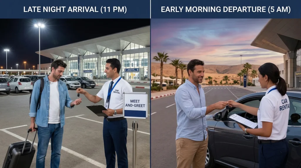 Agadir airport car rental 24/7 out-of-hours pickup late night early morning service
