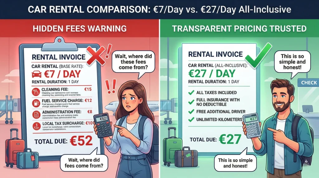 Agadir airport car rental hidden fees comparison transparent pricing versus surprise charges