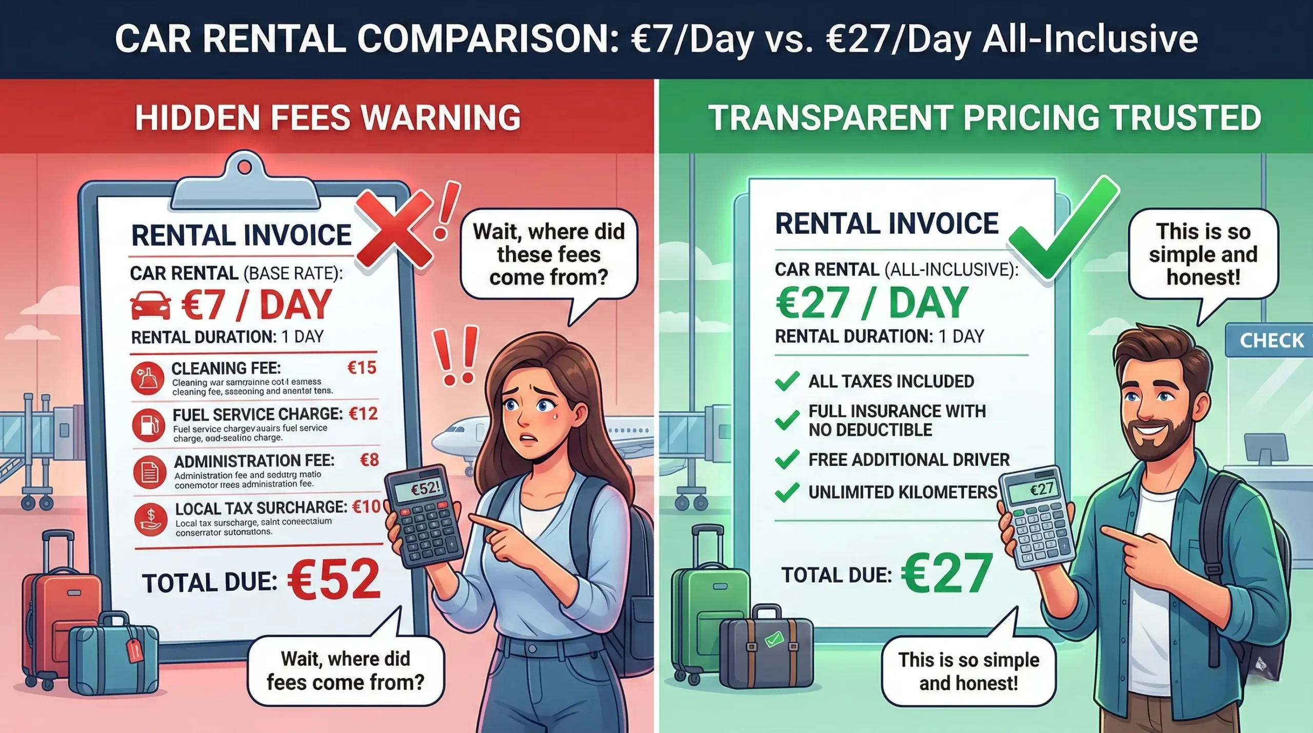 Agadir airport car rental hidden fees comparison transparent pricing versus surprise charges