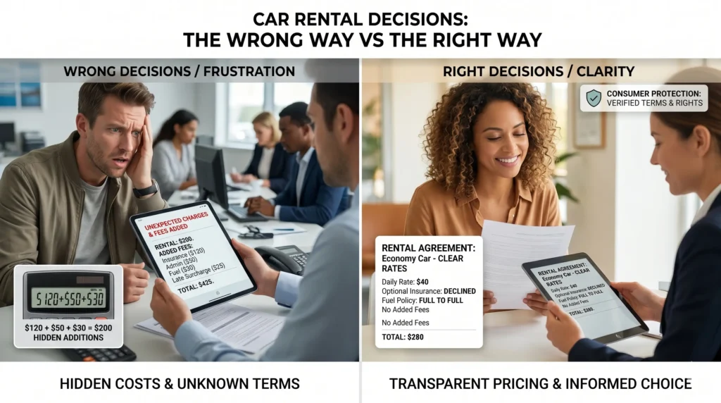 Mistakes booking cheap car rental Agadir hidden costs insurance mileage limits errors