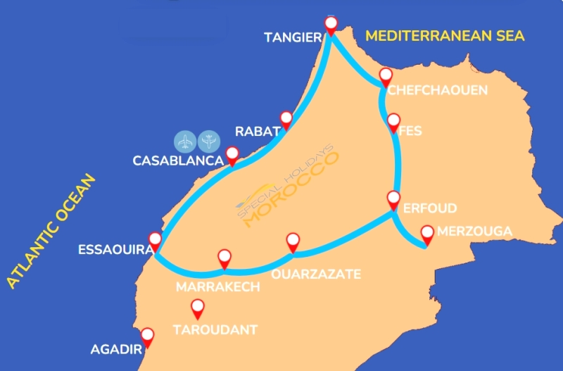 One-way car rental routes from Agadir Airport to Marrakech, Essaouira and Casablanca in Morocco
