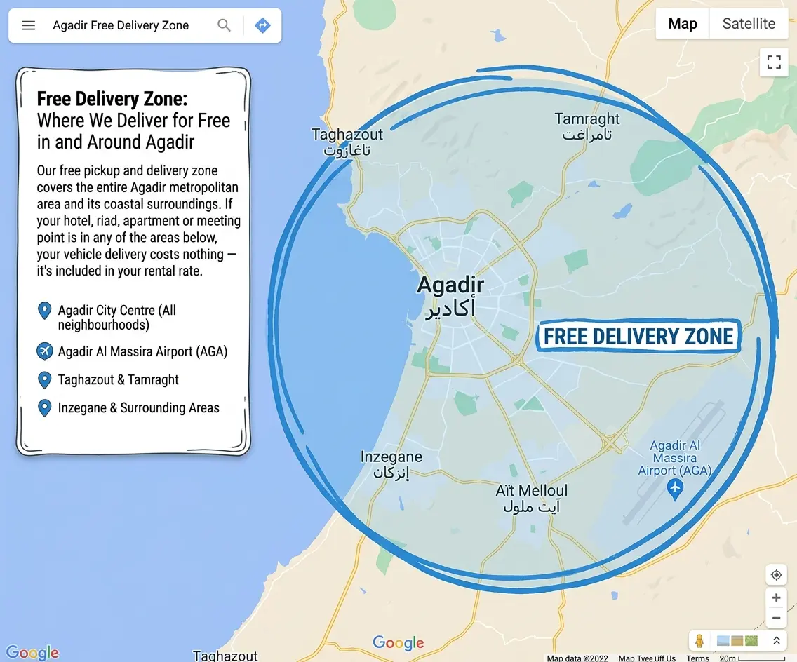 Free car rental delivery zone in Agadir — covers city centre, airport, Taghazout and Inzegane